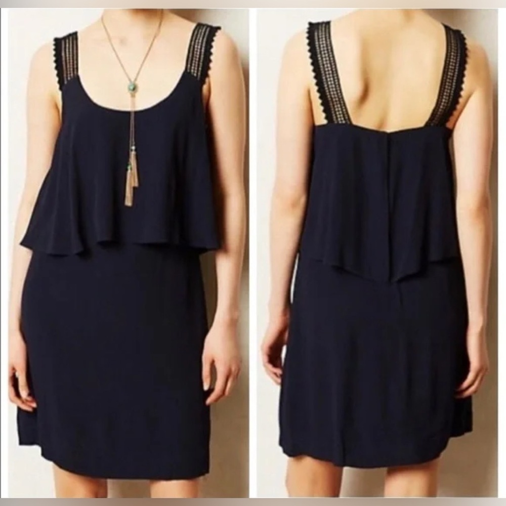 New Anthropologie Maeve Navy Blue Crochet Straps Layered Dress Sz 0